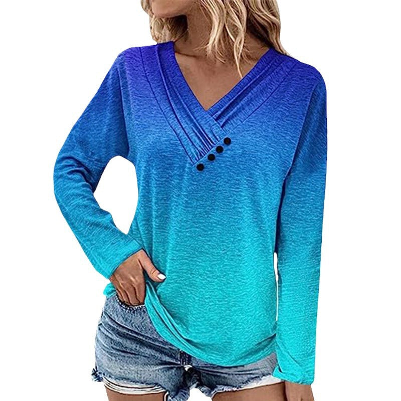 Damen Gerippter V-Ausschnitt Pullover mit Farbverlauf, Zierknöpfen und legerer Passform Drune