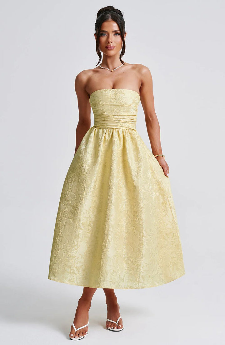 Damen schulterfreies A-Linien Kleid mit luxuriösem Blumenmuster Drune