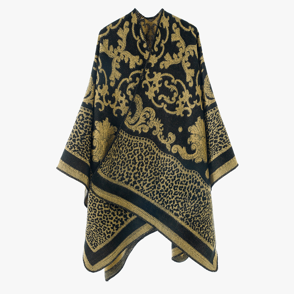 Damen Jacquard‑Wollmix Capeponcho mit Barock‑ und Animalmuster Drune