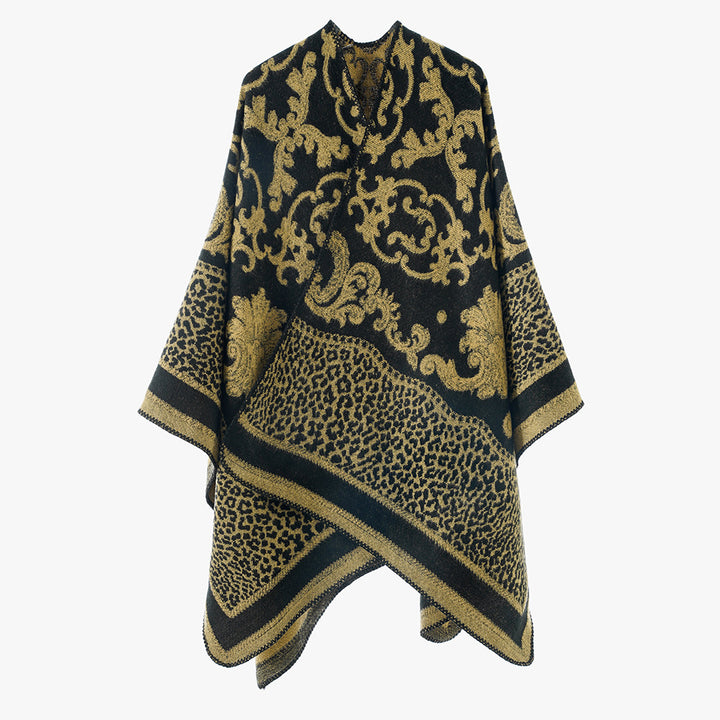 Damen Jacquard‑Wollmix Capeponcho mit Barock‑ und Animalmuster Drune