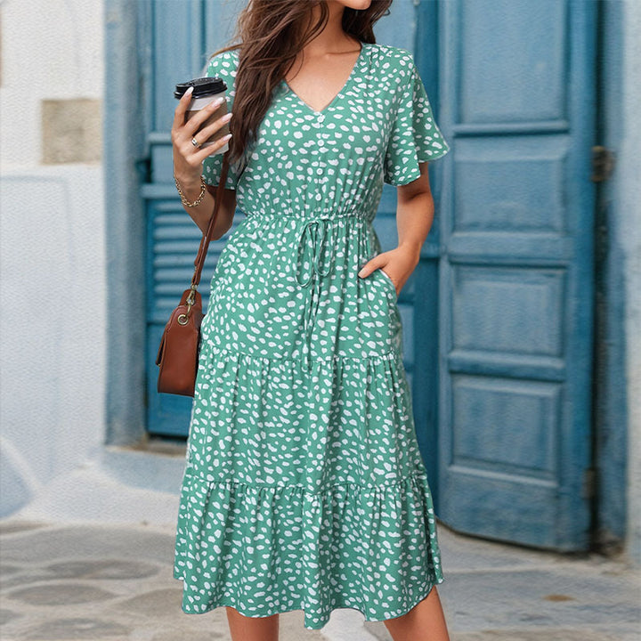 Damen Midi-Kleid mit voluminösem Rock und elegantem Bindegürtel Drune