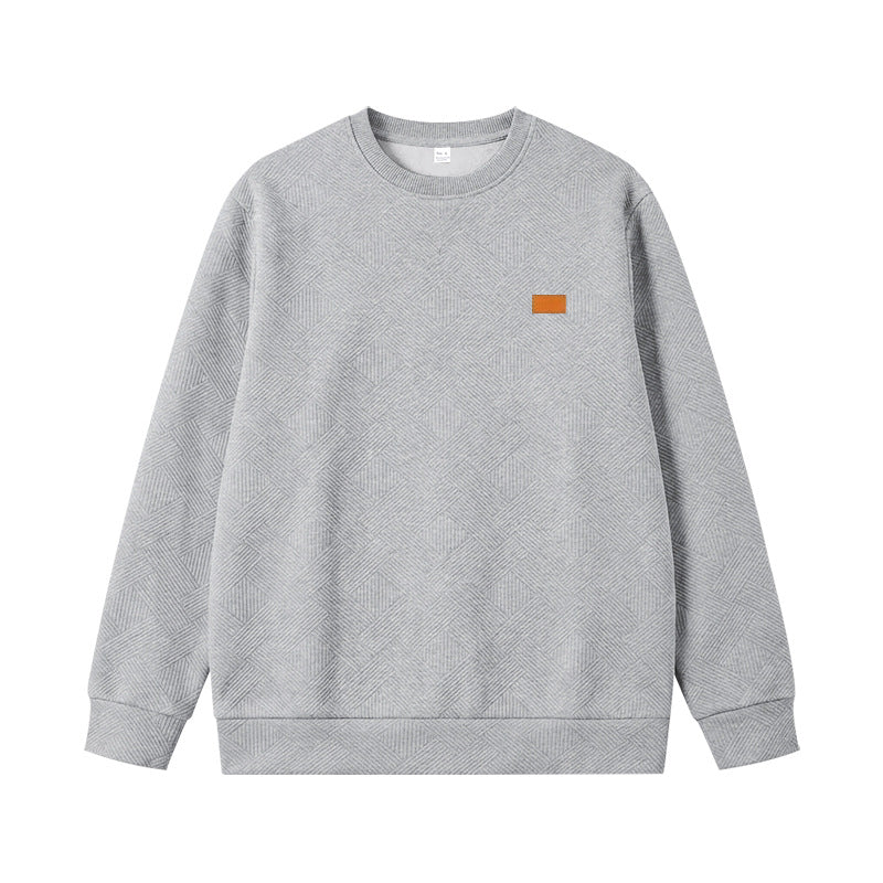 Unisex Texturierter Baumwoll-Crewneck-Sweatshirt mit Rautenstruktur und Lederpatch Drune
