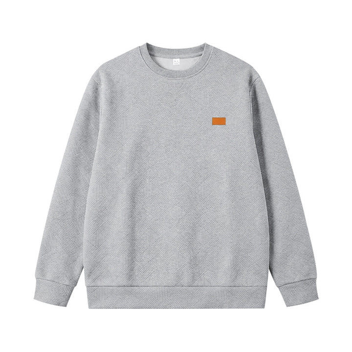 Unisex Texturierter Baumwoll-Crewneck-Sweatshirt mit Rautenstruktur und Lederpatch Drune