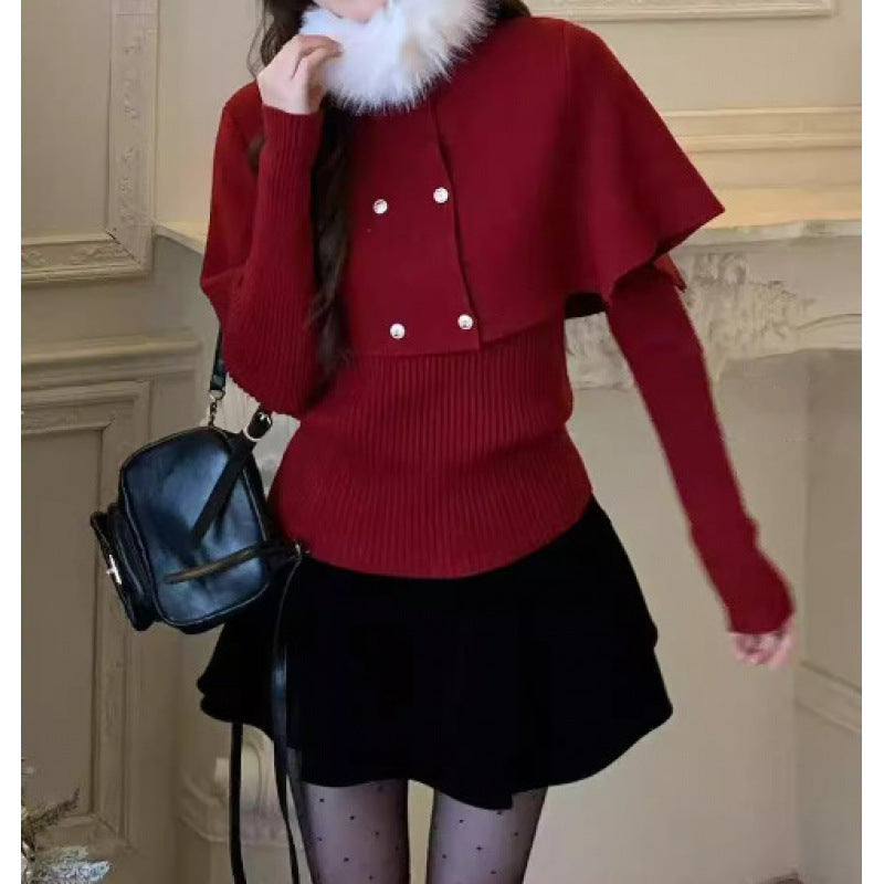 Damen Eleganter Kurzmantel mit abnehmbarem Pelzkragen Drune