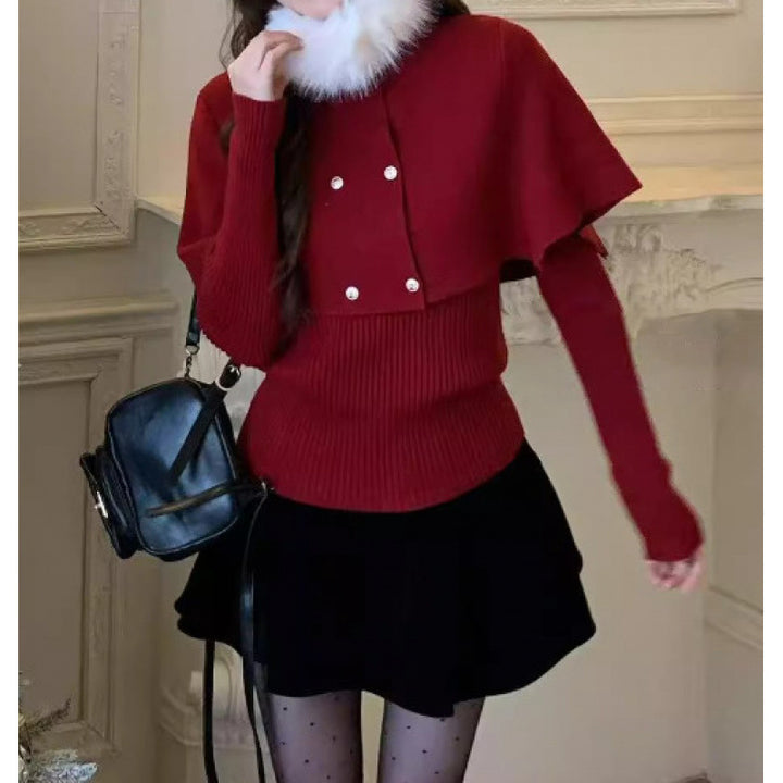 Damen Eleganter Kurzmantel mit abnehmbarem Pelzkragen Drune