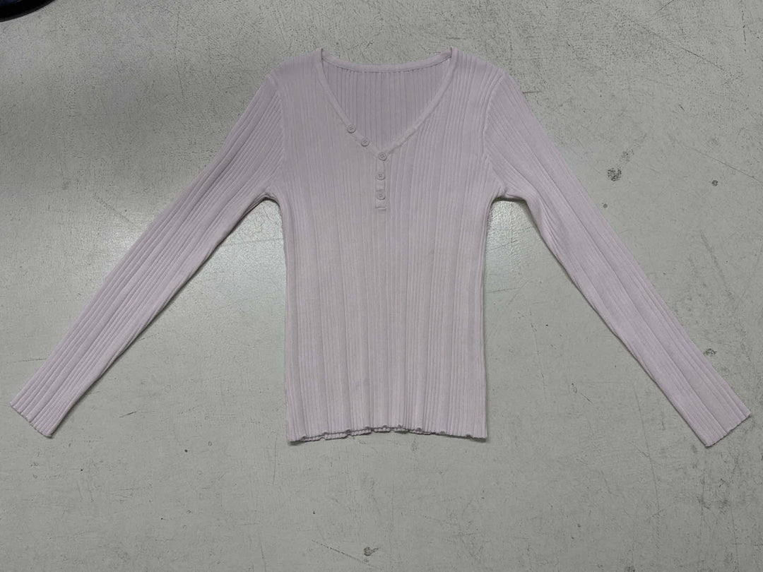 Damen nan feinstrukturierter Rippstrick-Longsleeve mit V-Ausschnitt, Henley-Knopfleiste und taillierter Passform Drune