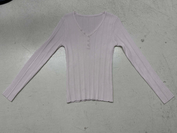 Damen nan feinstrukturierter Rippstrick-Longsleeve mit V-Ausschnitt, Henley-Knopfleiste und taillierter Passform Drune