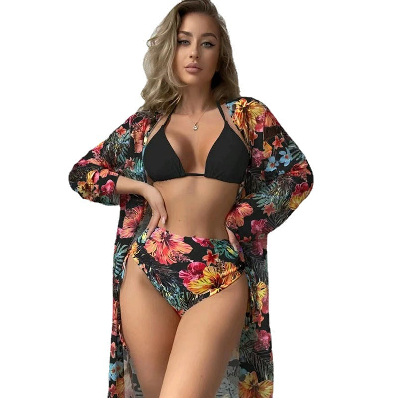 Damen Bikiniset mit hohem Bund und floralem Überwurf Drune