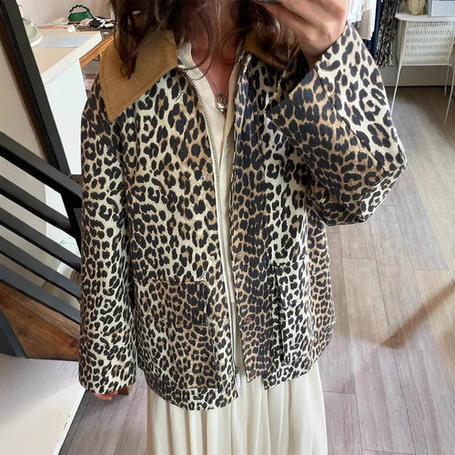 Damen Oversize-Fieldjacke mit Leoprint und kontrastierendem Cordkragen Drune