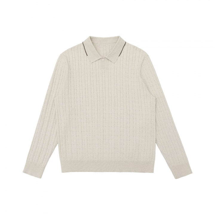 Herren Polokragen-Strickpullover mit Zopfmuster und feiner Knopfleiste Drune
