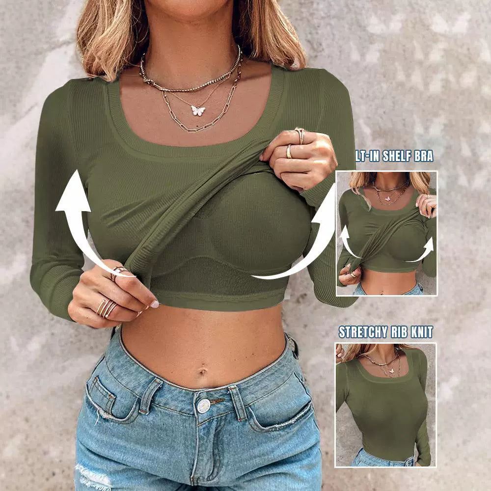 Damen Cropped Rippenstrick Langarmshirt mit integriertem Bustier Drune