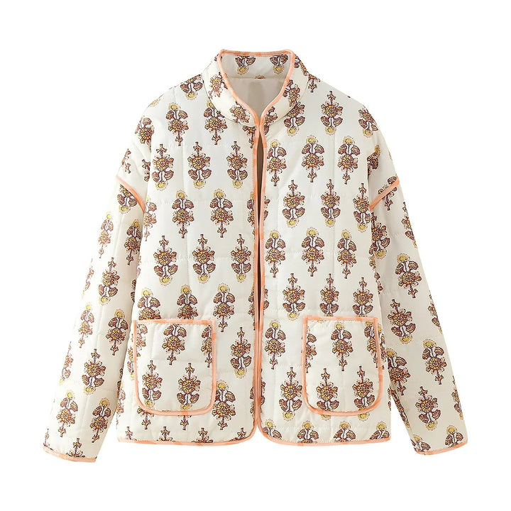 Damen 600+ gesteppte bestickte Taillengürtel‑Jacke mit floralem Muster und Stehkragen Drune