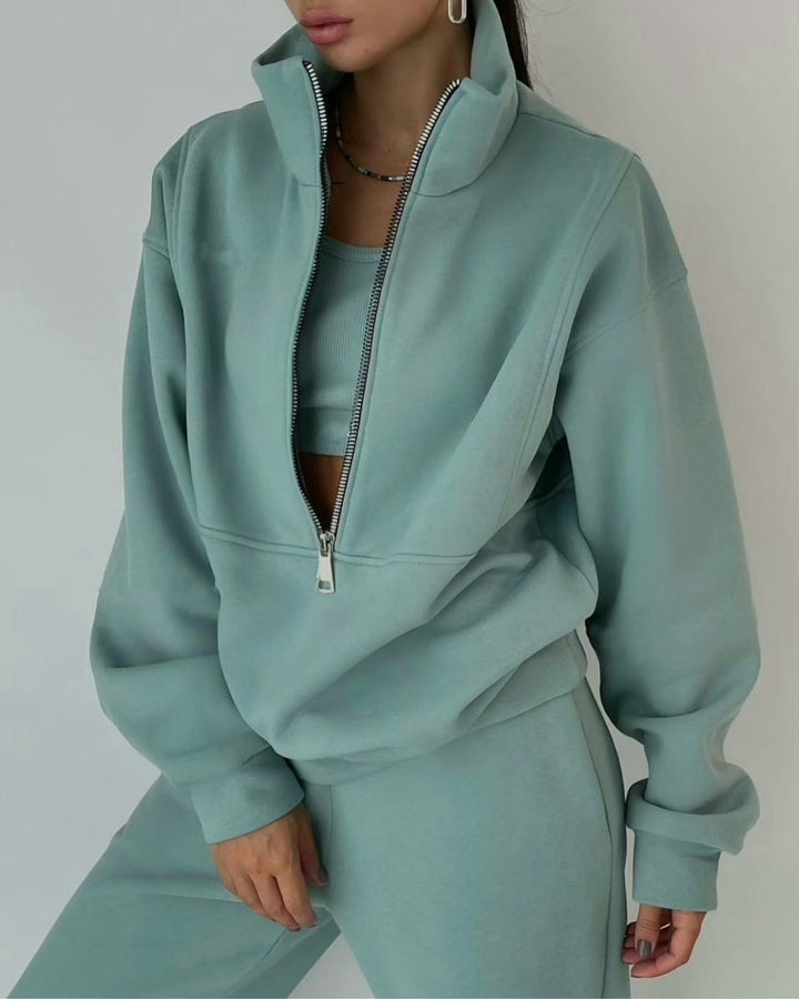 Damen Oversized Halbzip-Sweatshirt mit Stehkragen und passender High-Waist-Jogginghose Drune