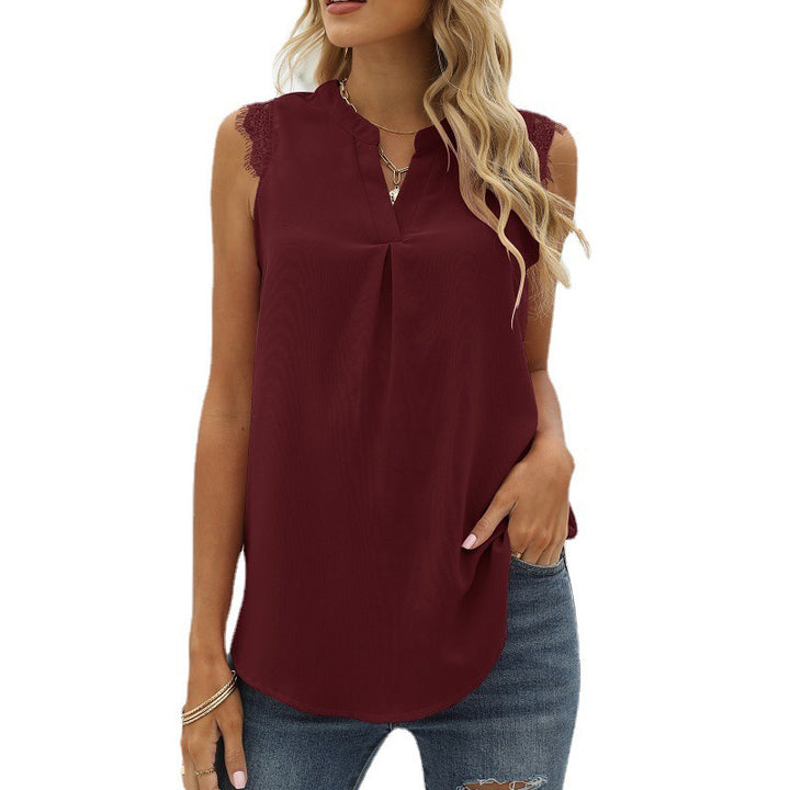 Damen ärmelloses Blusenshirt mit elegantem Spitzeneinsatz und modischen Falten Drune