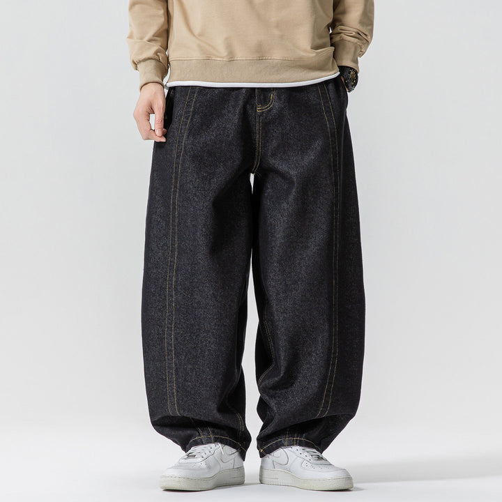 Herren Baggy-Denim-Hose mit extra weitem Bein, tiefem Schritt und sichtbaren Kontrastnähten Drune