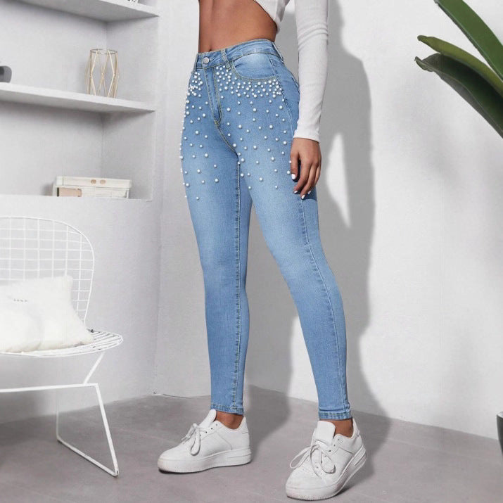 Damen High‑Waist Skinny-Jeans mit dekorativem Perlen-Cluster und Sculpting-Schnitt Drune