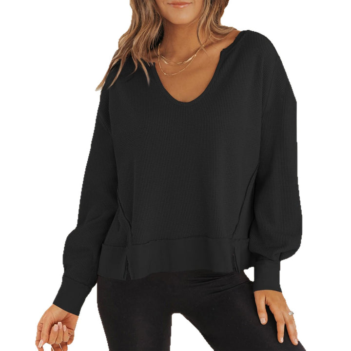 Damen lässiger Waffel-Pullover mit V-Ausschnitt und seitlichen Schlitzen Drune