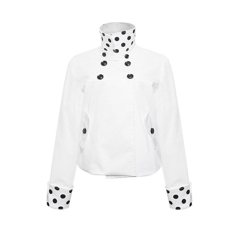Damen Kurze Double-Breasted Jacke mit Stehkragen und Polka‑Dot-Futter Drune
