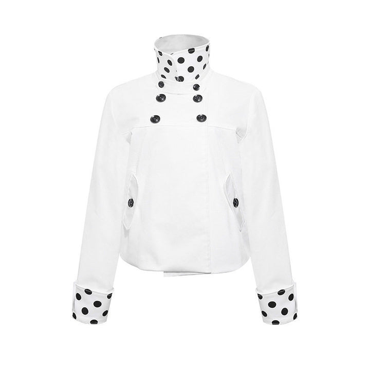 Damen Kurze Double-Breasted Jacke mit Stehkragen und Polka‑Dot-Futter Drune
