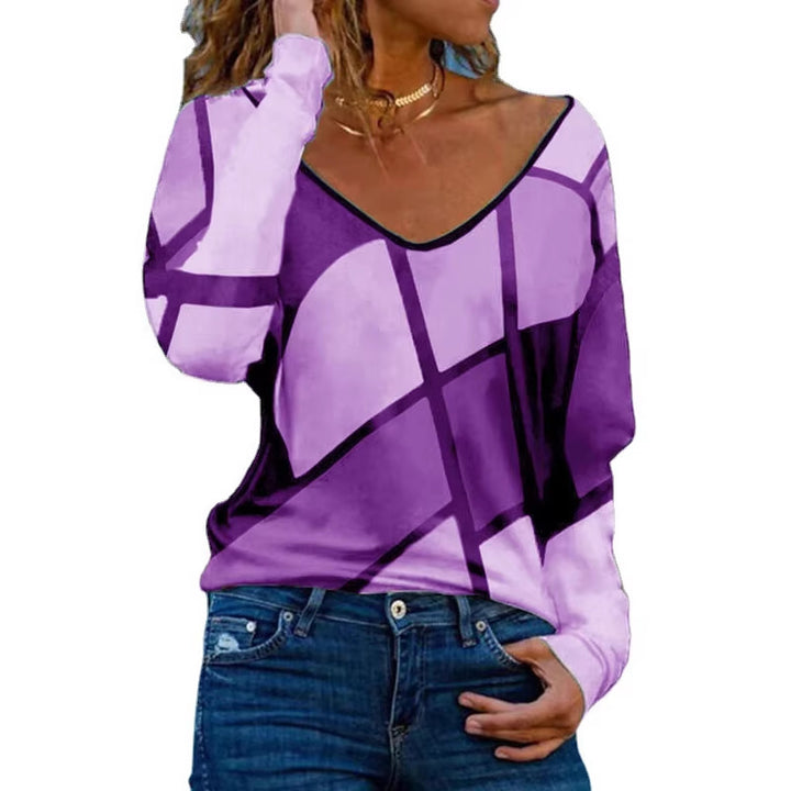 Damen Loose V-Ausschnitt Langarmshirt mit geometrischem Blockdruck und Oversized Passform Drune
