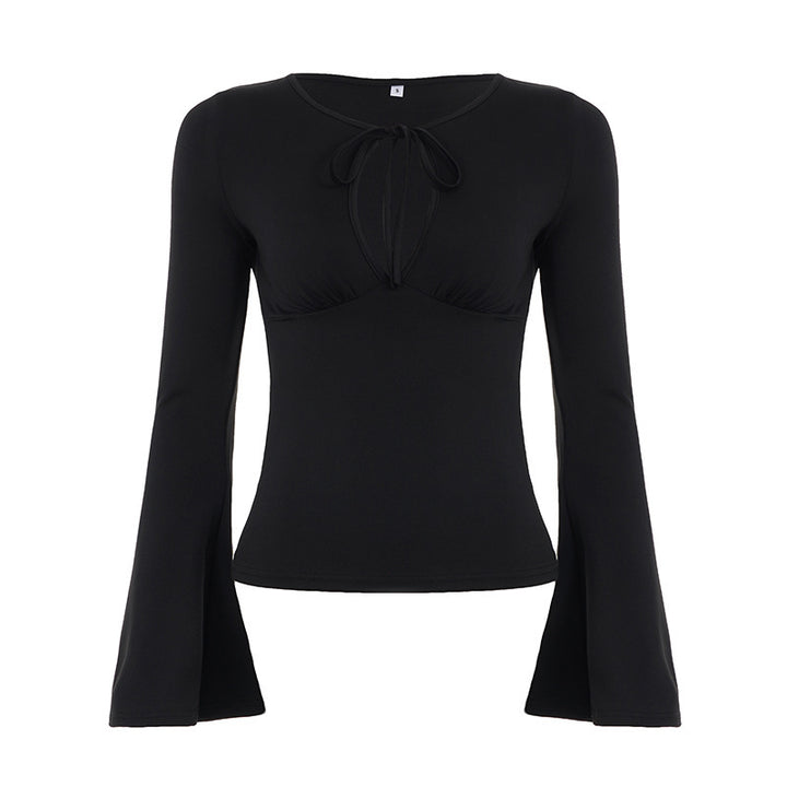 Damen Tailliertes Langarmshirt mit tiefem Schlitz‑V, BindDruneand und ausgestellten Trompetenärmeln Drune