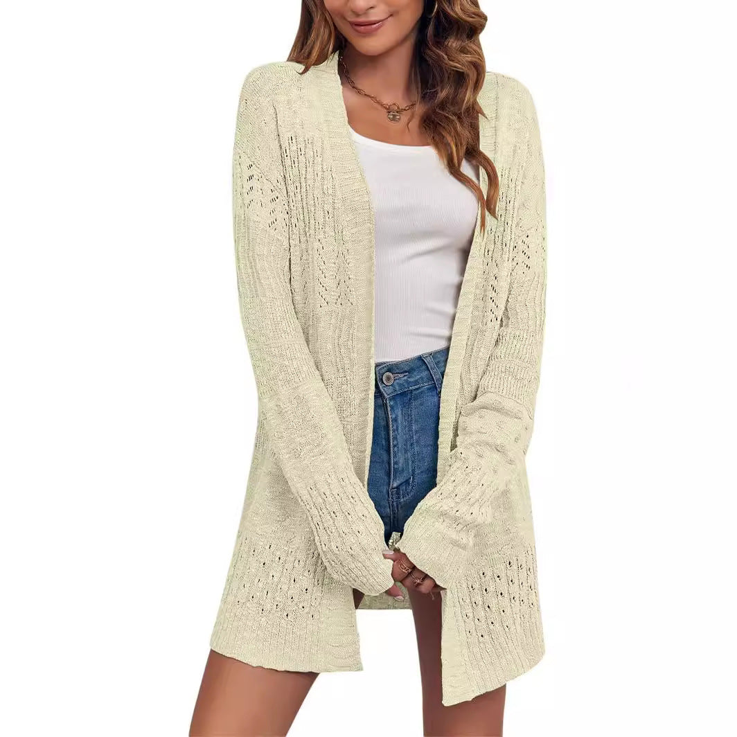 Damen Offener Strickcardigan mit Ajourmuster und lässiger Longline-Silhouette Drune