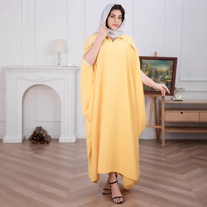 Damen Elegante locker fallende Kaftan-Maxikleid mit Schlitzärmeln und Kragen Drune