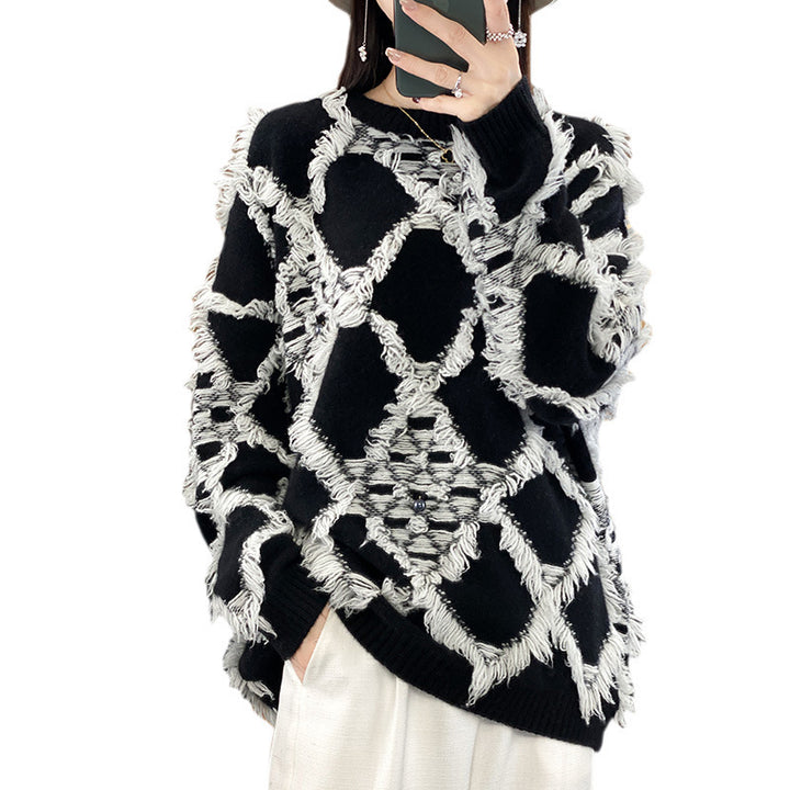 Damen Oversize-Strickpullover mit Fransen‑Diamantmuster und weicher Mohair‑Optik Drune