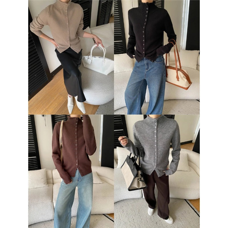 Damen eleganter Strickpullover mit Knopfleiste und hohem Kragen Drune