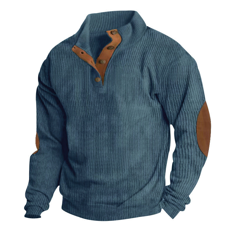 Herren nan rustikaler gerippter Pullover mit Henley-Kragen und lederartigen Ellbogenbesätzen Drune