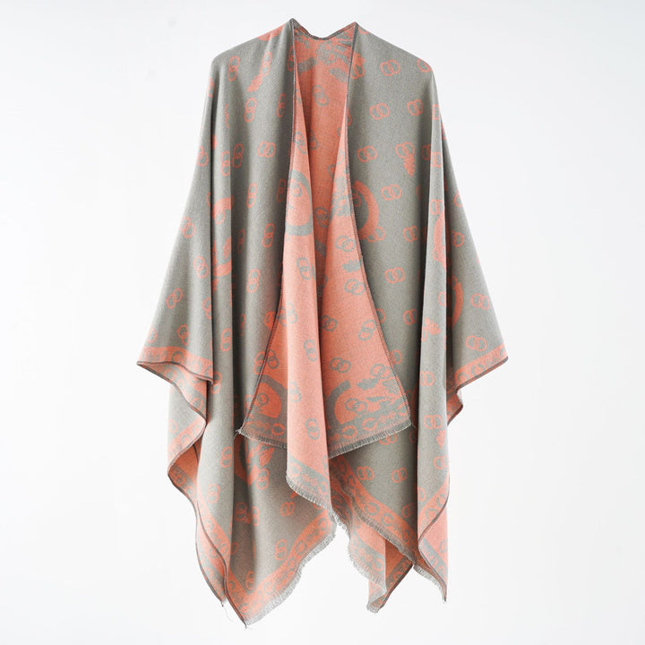Damen Wendbarer Jacquard-Überwurf mit Fransen und großzügiger Wrap-Silhouette Drune