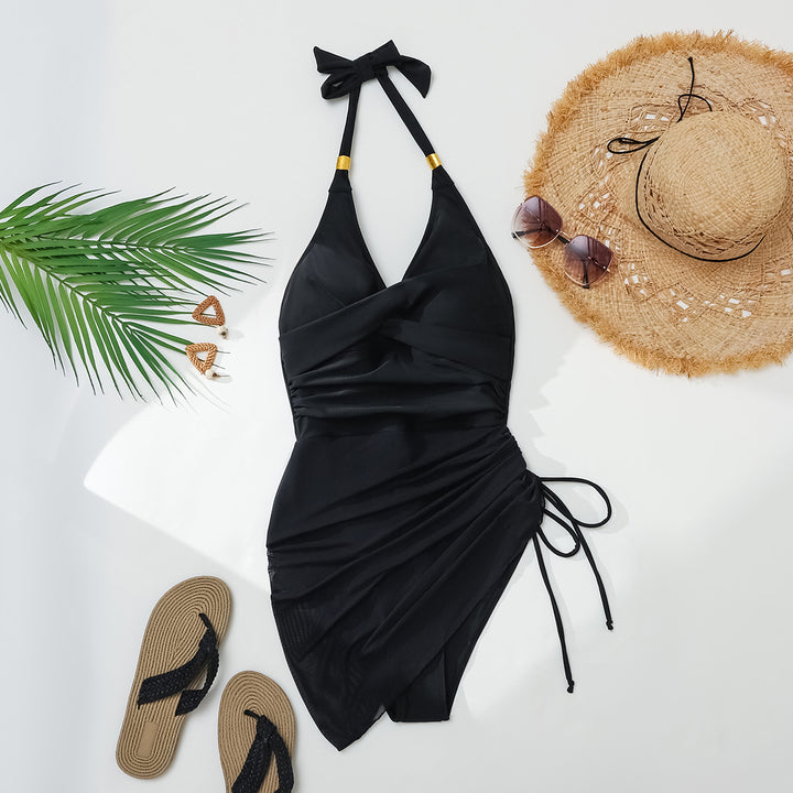 Damen Eleganter Badeanzug mit Wickeldesign und goldenen Akzenten Drune