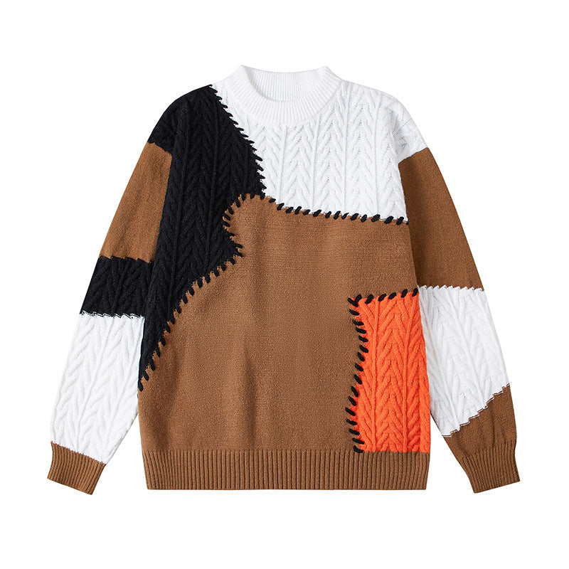 Herren nan strukturierter Patchwork-Strickpullover mit Zopfmuster und Rundhals Drune