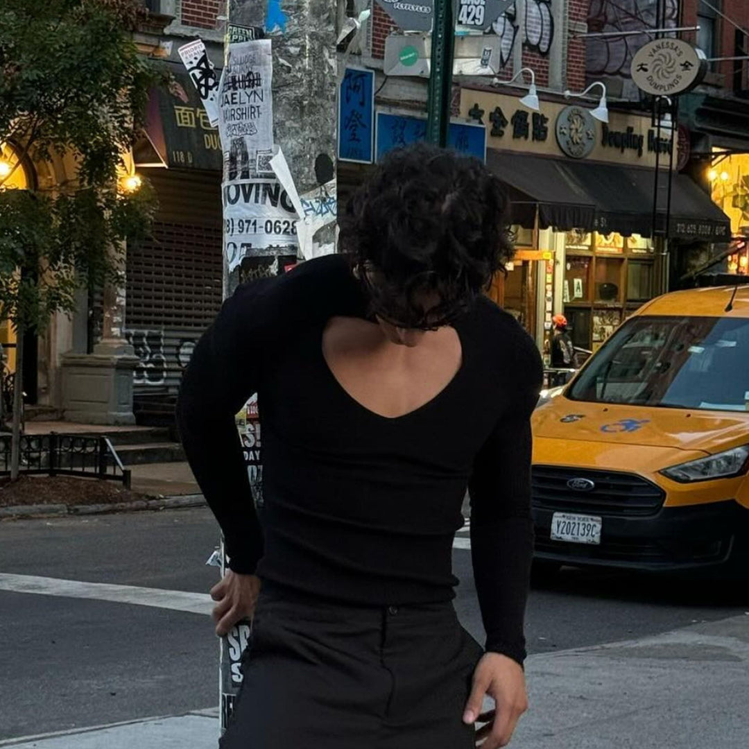 Damen nan figurbetontes Langarm-Top mit Cut-Out und Stehkragen Drune