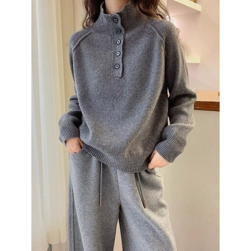 Damen lässiger Strickpullover mit Knopfleiste und kurzem Kragen Drune