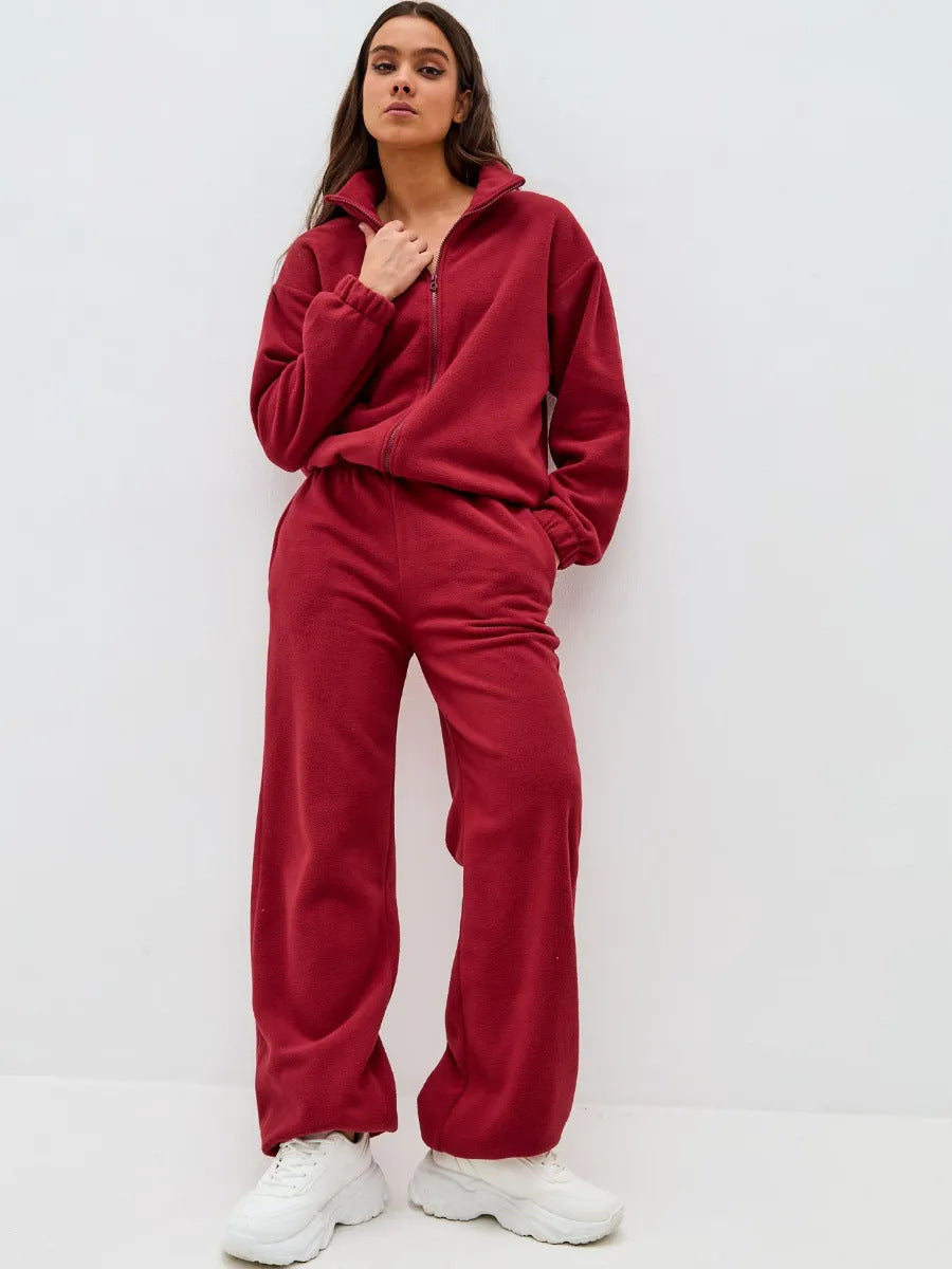 Damen ultrasoftes Microfleece-Set mit kurzer Stehkragen-Zipjacke und weitem High‑Waist Loungehose Drune