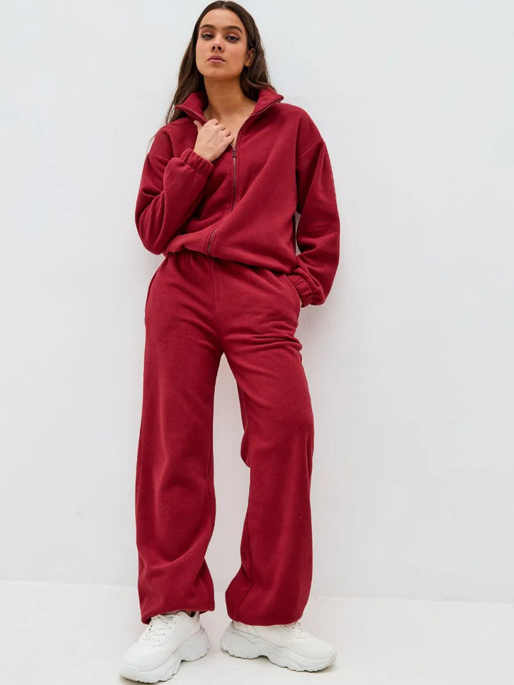 Damen ultrasoftes Microfleece-Set mit kurzer Stehkragen-Zipjacke und weitem High‑Waist Loungehose Drune