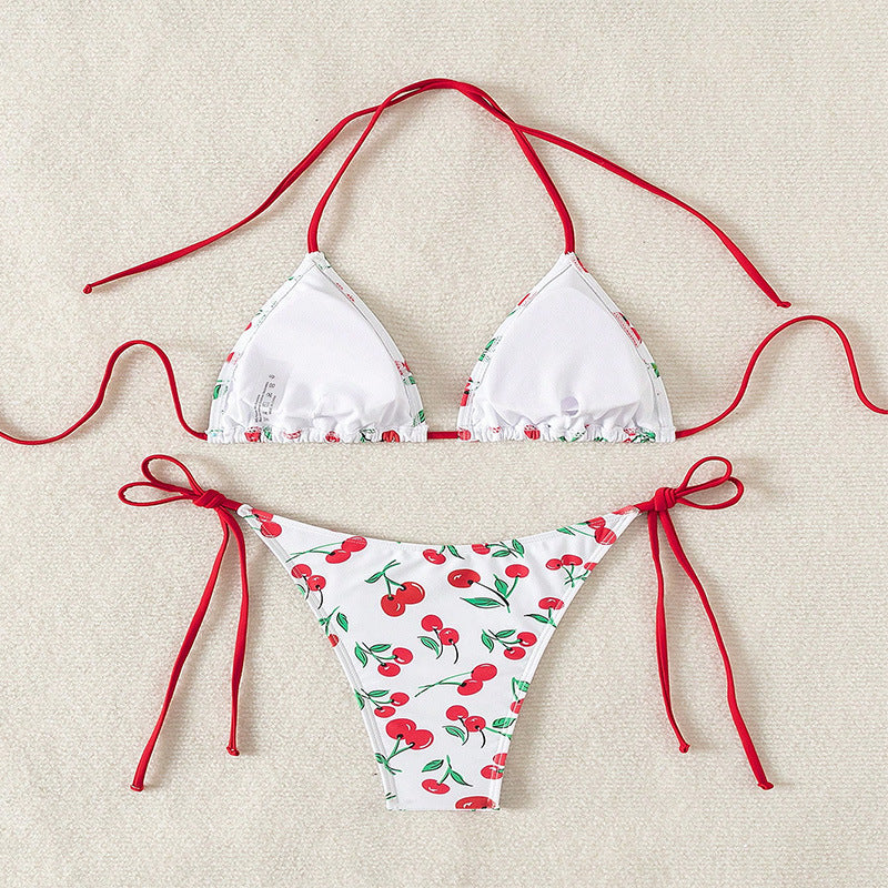 Damen Triangel-Bikini mit frischem Kirschmotiv und verstellbaren Bindebändern Drune