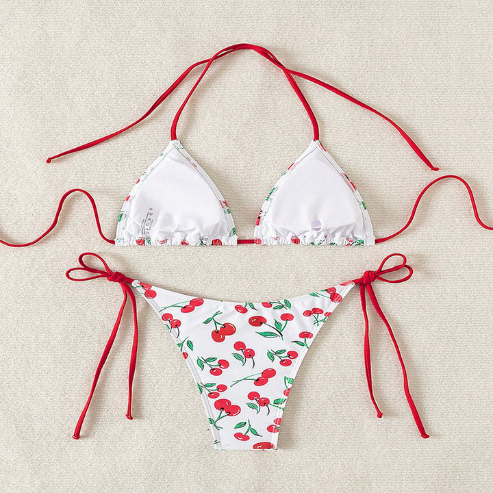 Damen Triangel-Bikini mit frischem Kirschmotiv und verstellbaren Bindebändern Drune