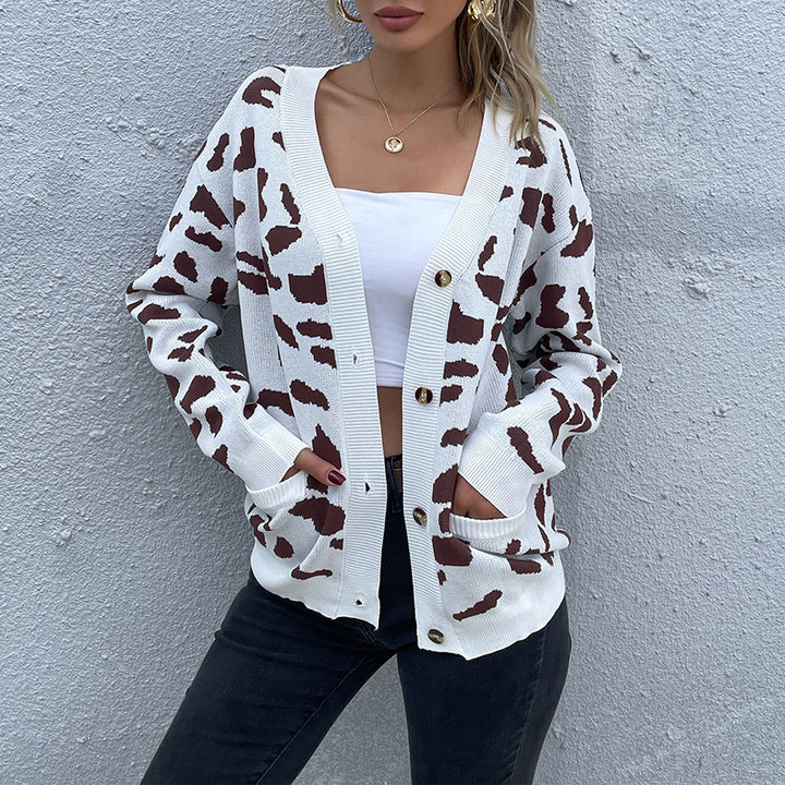 Damen Kurzgeschnittener V‑Ausschnitt Strickcardigan mit Animal‑Jacquard und Eingrifftaschen Drune