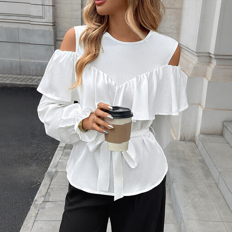 Damen Elegant-Volant-Bluse mit Cut-Out-Schulter und Bindegürtel Drune