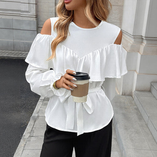 Damen Elegant-Volant-Bluse mit Cut-Out-Schulter und Bindegürtel Drune