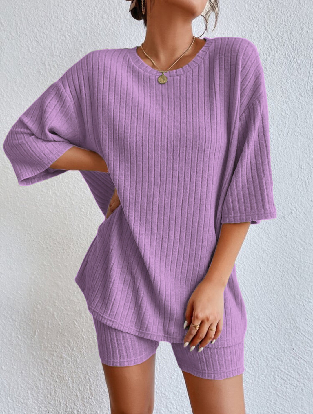 Damen komfortables Kurzarm Set mit Rippstrick und relaxed Schnitt Drune