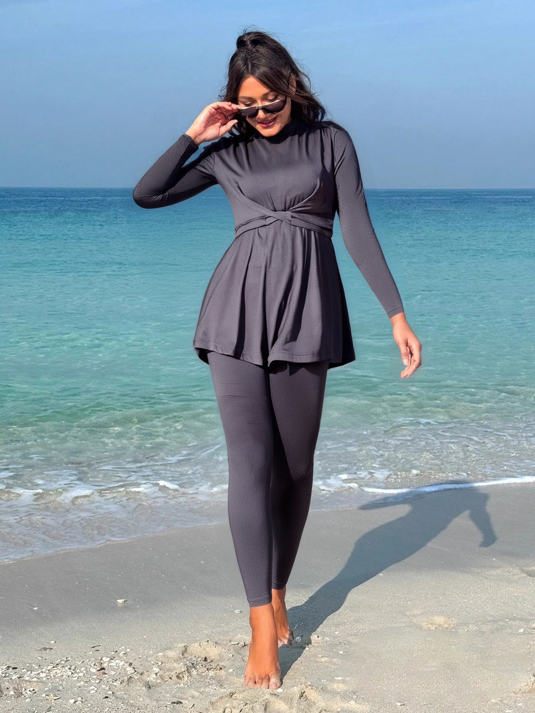 Damen modischer Longsleeve-Badeanzug mit Wickelrock Drune