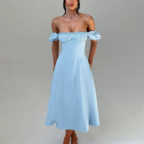 Damen Maxi-Kleid mit voluminösen Puffärmeln und elastischem Ausschnitt Drune