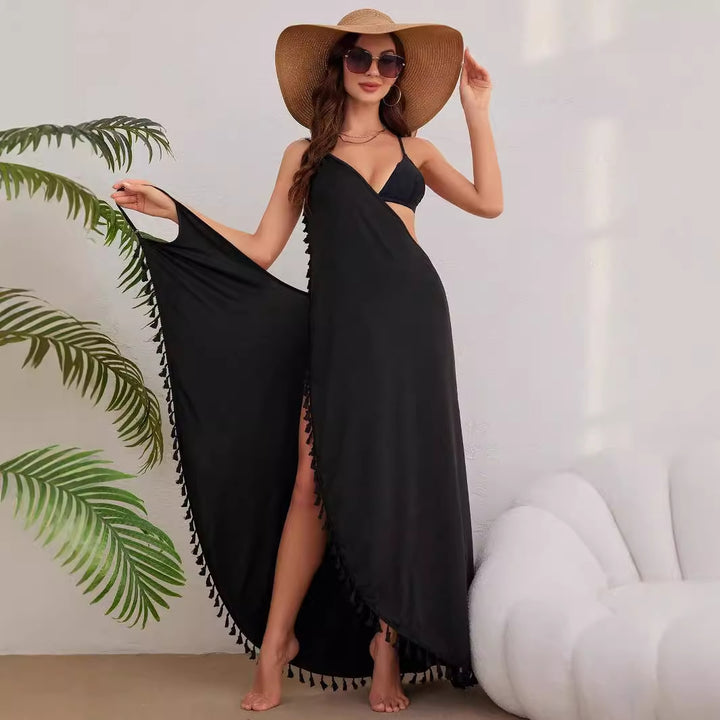 Damen Maxikleid mit eleganter Wickeloptik und verspieltem Rüschenrand Drune