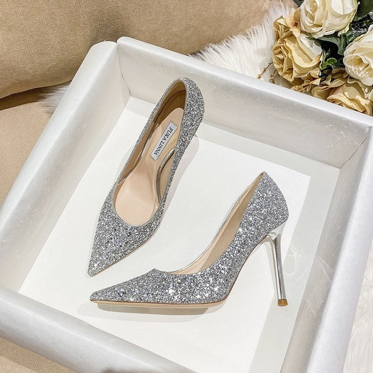 Damen Glitzer-Pumps mit spitzer Zehenform und metallic Stiletto-Absatz Drune