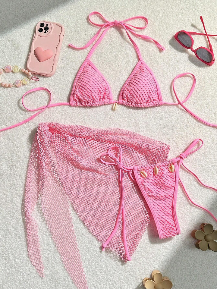 Damen Triangel-Bikini mit transparentem Netzgewebe und Schnürdetails Drune