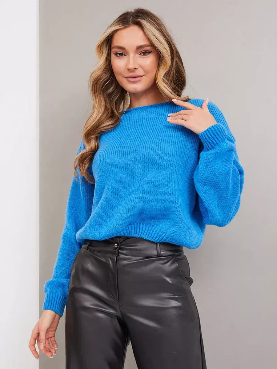 Damen lässiger Grobstrickpullover mit weiten Ärmeln und Rundhalsausschnitt Drune