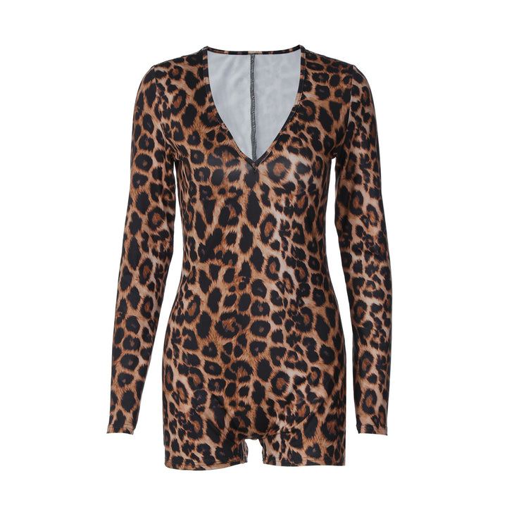 Damen stylischer Leopardenmuster Bodysuit mit V-Ausschnitt und langen Ärmeln Drune